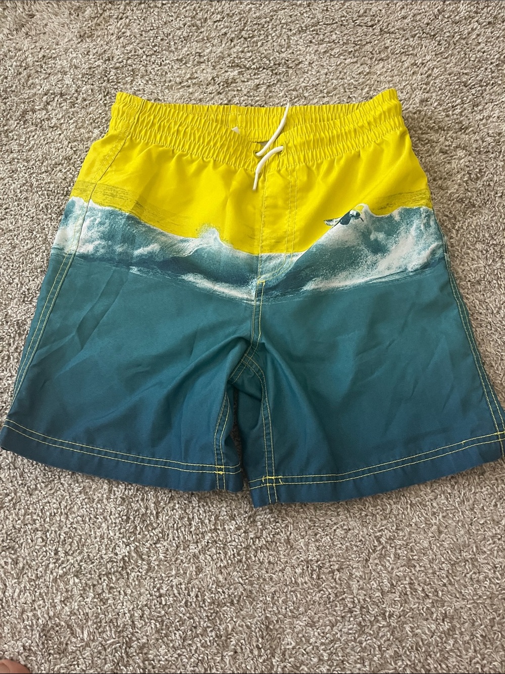 Old Navy Yellow and Teal Wave-Print Boys' Swim Trunks